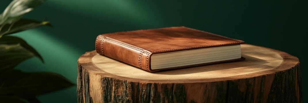 Leather-bound journal resting peacefully on a raw wooden stump in a calming ambiance
