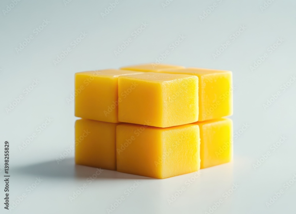 Poster close-up of bright yellow cubes arranged in a neat stack on a light background ideal for food photog
