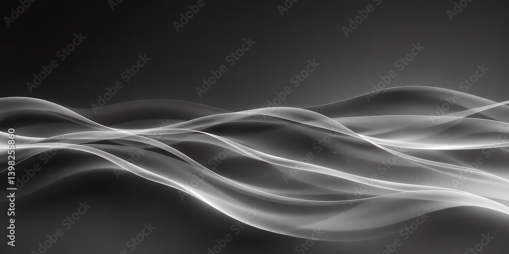 Poster abstract flowing white waves on a dark gray background creating a sense of movement and elegance