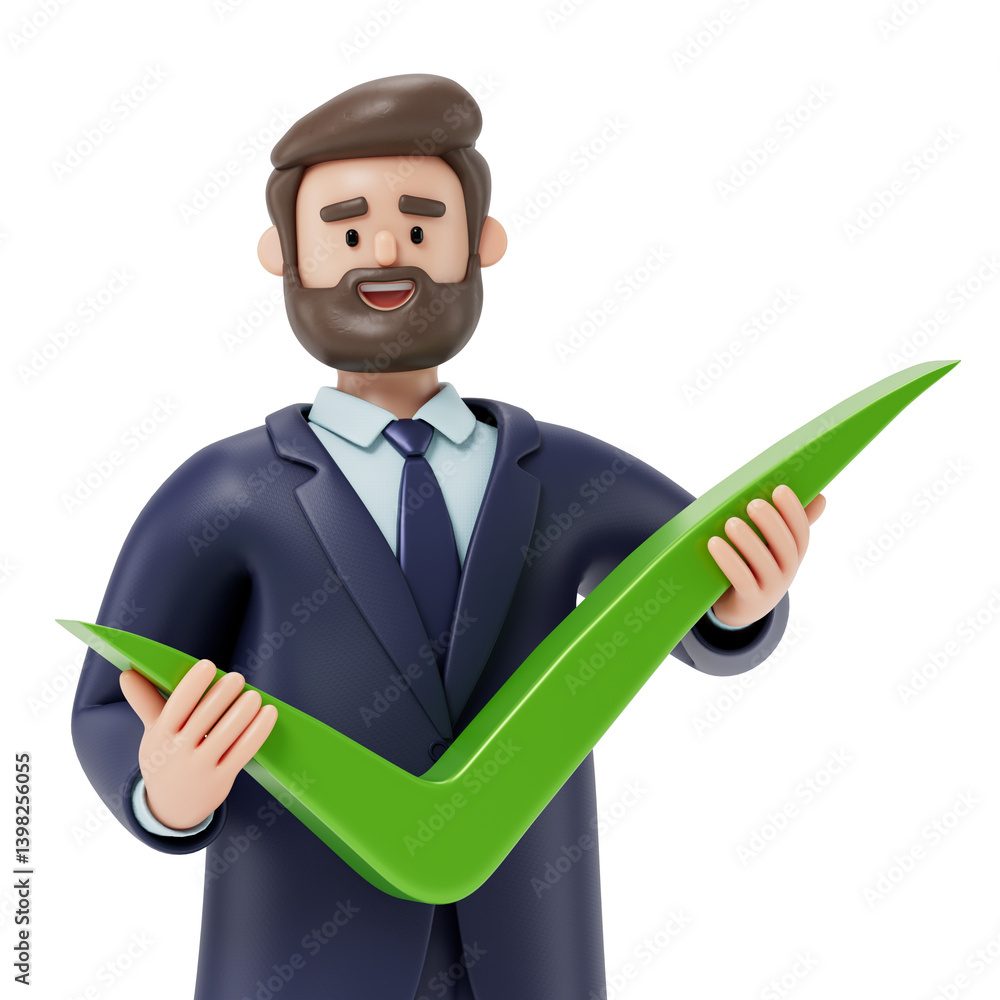 Aufkleber man holding a large green checkmark, symbolizing approval or success. 3d rendering, conceptual image