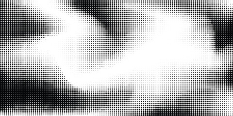 Abstract halftone wave horizontal background. Black and white fluid halftone pixelated backdrop. Grit dots texture. Halfton dots overlay for posters, cover, presentation