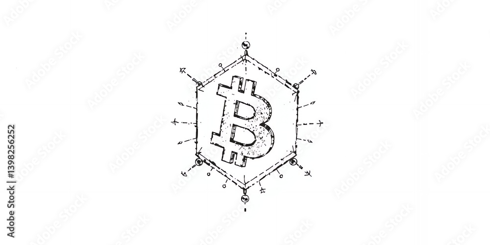 Poster a bitcoin symbol inside a hexagon with lines radiating outwards on a plain white background design s