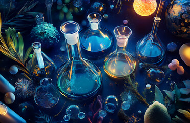Chemistry glassware lab equipment science beakers and flasks with abstract botanical elements background