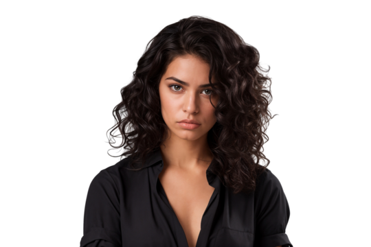 Angry woman with serious face isolated on transparent background