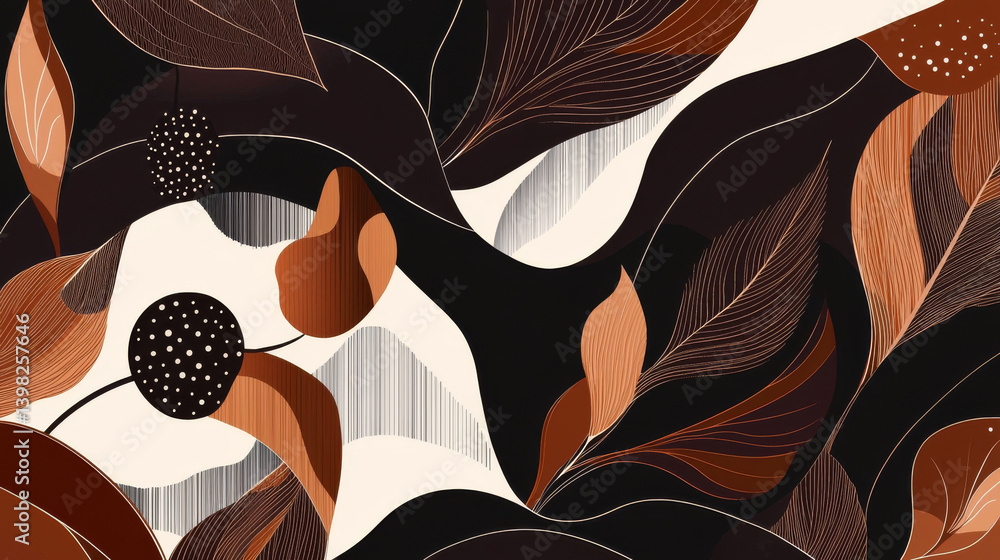 Poster abstract illustration of flowing leaves and shapes in warm earthy tones creating a harmonious compos