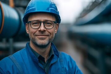 Portrait of a confident industrial worker smiling in a storage area, surrounded by large pipes