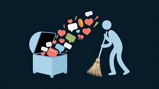 Digital Cleanup: A digital detox is performed with a person using a broom to clean a chest filled with emojis and messages.