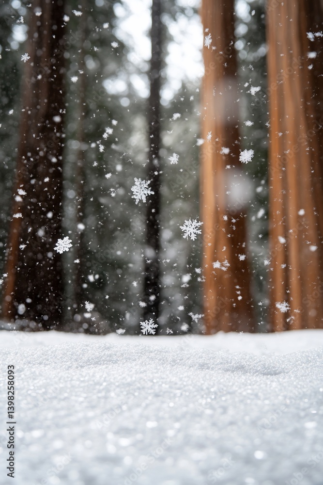 Poster snowflakes falling in a snowy forest with large trees.