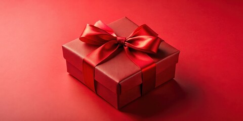 Fototapeta premium A crimson gift box elegantly adorned with a vibrant red satin ribbon, a perfect symbol of love and appreciation, rests on a matching red background.