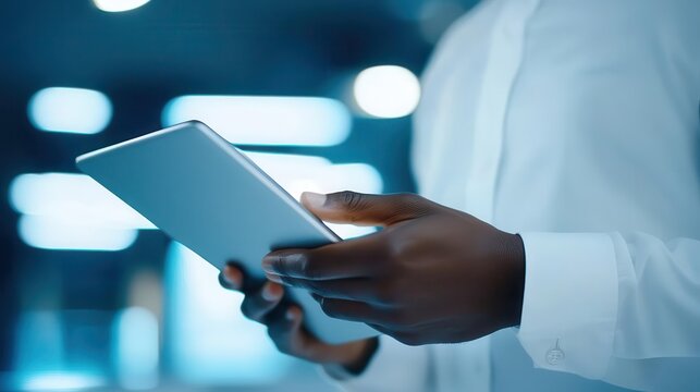 A financial analyst reviewing digital asset management trends on a tablet, forecasting future market movements for longterm planning