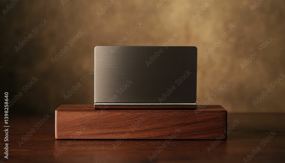 Poster sleek metallic rectangular object resting atop a textured wooden block display