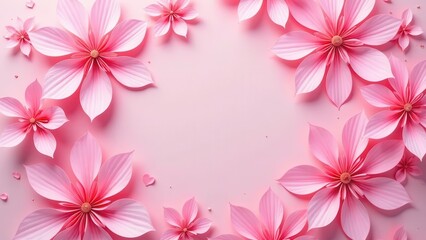 Delicate Pink Paper Flowers Frame a Blank Pastel Background Ideal for Festive Greetings or Elegant Announcements