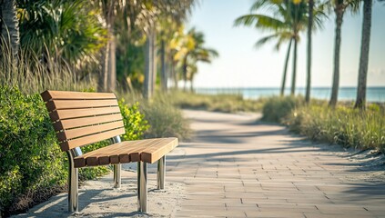 Obraz premium Wooden bench on sunny beach path lined with palm trees.