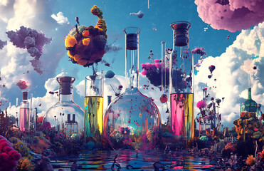 Science lab fantasy landscape with beakers and flasks filled with colorful liquids surreal dreamscape art