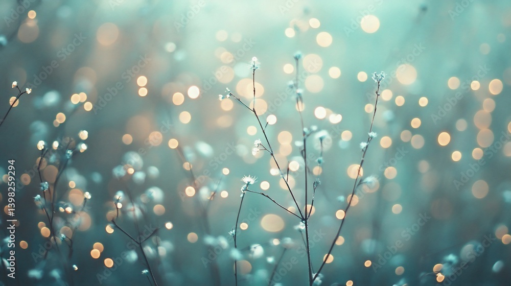 Poster soft focus image of frost-covered plants with bokeh lights in a field.