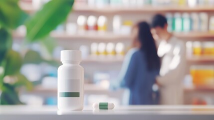 Simple geometric medicine bottle icon in foreground, blurred pharmacist consulting customer in background, minimalist clean aesthetic, perfect for pharmacy services and medication concept