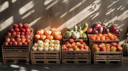 Rustic wooden crates display early autumn harvest. Pumpkins, apples and ornamental gourds at weekend farmer's market. Seasonal bounty and traditional agricultural heritage for fall celebration decor.