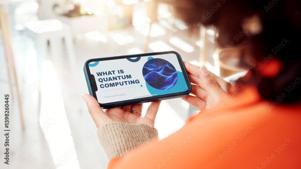 Leinwandbilder Business, person and screen of phone in office for quantum computing, presentation and computer science. Programmer, mobile and information with software catalog, review about us and development tips