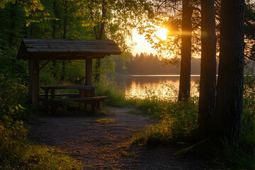 A rustic picnic shelter by a serene lake at sunset.