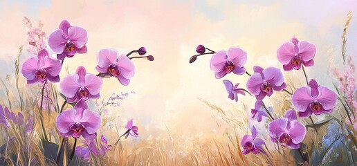 Pink orchids blooming in a sunlit field.