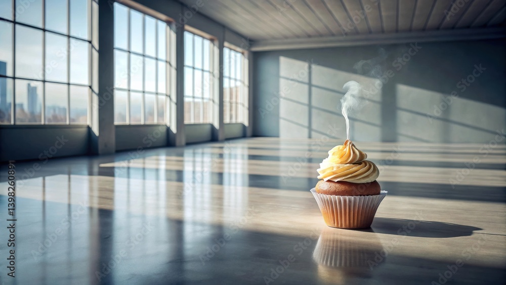 Poster a single cupcake with creamy frosting sits on a polished floor in a sunlit modern space