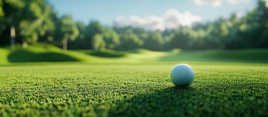 Golf ball on a green putting green with a blurred background of trees and a sunny sky.