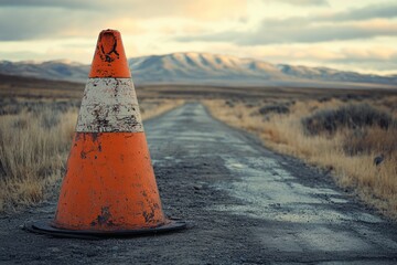 Orange and white traffic cone sits on a deserted road leading towards snow-capped mountains, signaling a closure or diversion