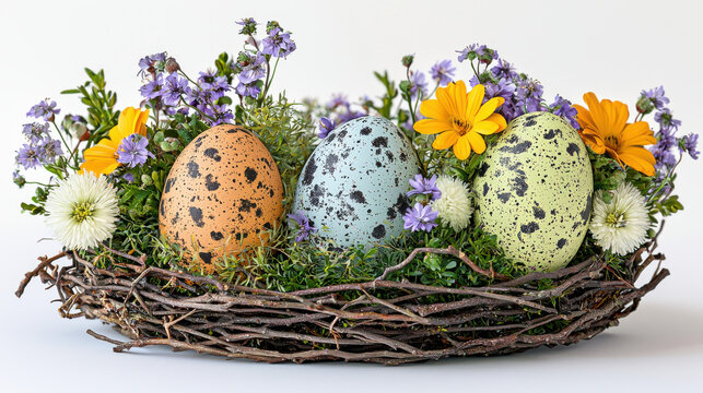 Three speckled Easter eggs led in a rustic bird's adorned with vibrant sp flowers including daisies and wildflowers creating a cheerful sptime arrangement perfect
