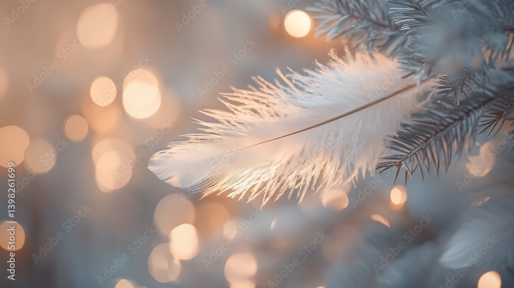 Poster soft white feather on a frosted pine branch with warm bokeh lights.