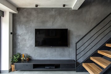 Modern living room interior with dark grey textured wall, flat-screen TV, black media console, and wooden staircase.