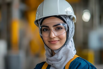 Portrait of a confident muslim female engineer wearing safety glasses and helmet in a factory
