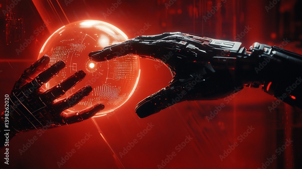 Aufkleber two robotic hands reach for a glowing orb filled with digital data in a dark red futuristic setting.