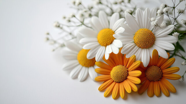 A delightful bouquet of white and orange daisies rests on a bright white background creating a cheerful and vibrant floral arrangement perfect for sp or summer designs. - Powered by Adobe