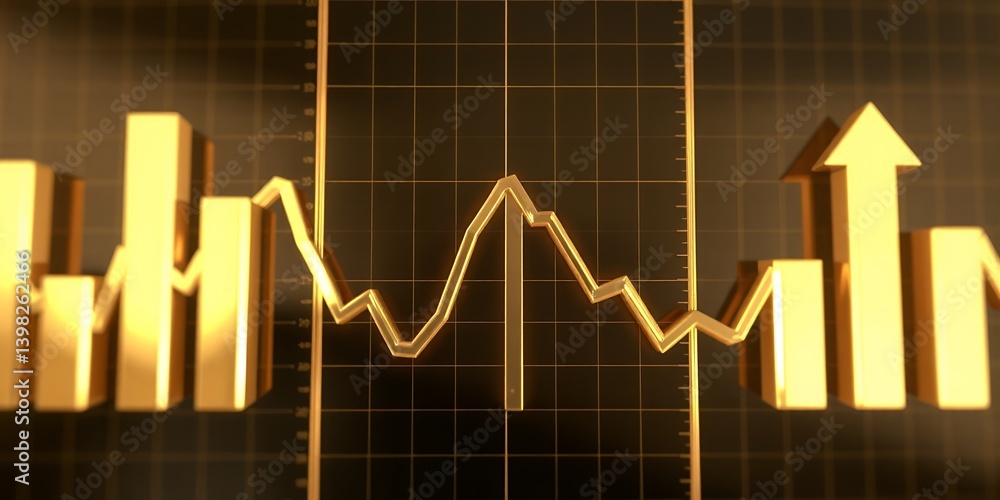 Poster golden line graph with bar charts and upward arrow on a grid background showing financial growth