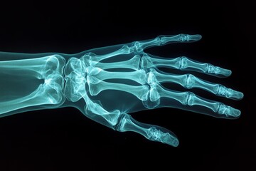 Fototapeta premium X-ray image of a healthy human hand and wrist, showing detailed bone structure