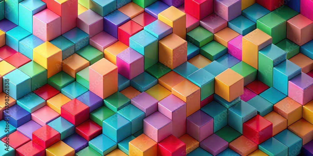 Poster Abstract Colorful Cube Pattern Background Image A vibrant, three-dimensional illustration of multicolored blocks forming a dynamic and complex geometric composition.