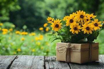 Fototapeta premium Yellow Flowers Gift Box Woods