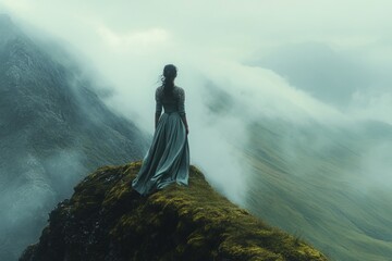 Woman in long dress standing on mossy cliff edge contemplating misty mountain valley