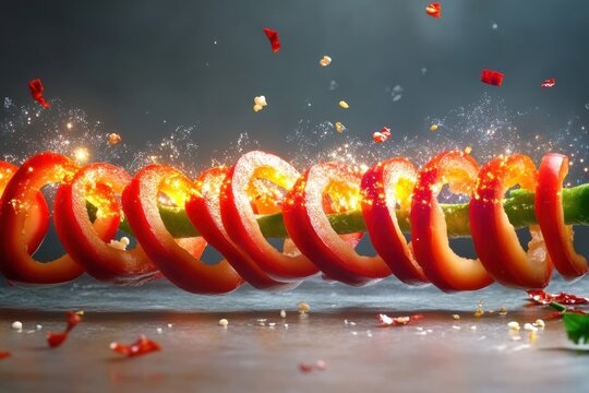 Colorful sliced bell peppers add vibrant flair and seasoning to any kitchen