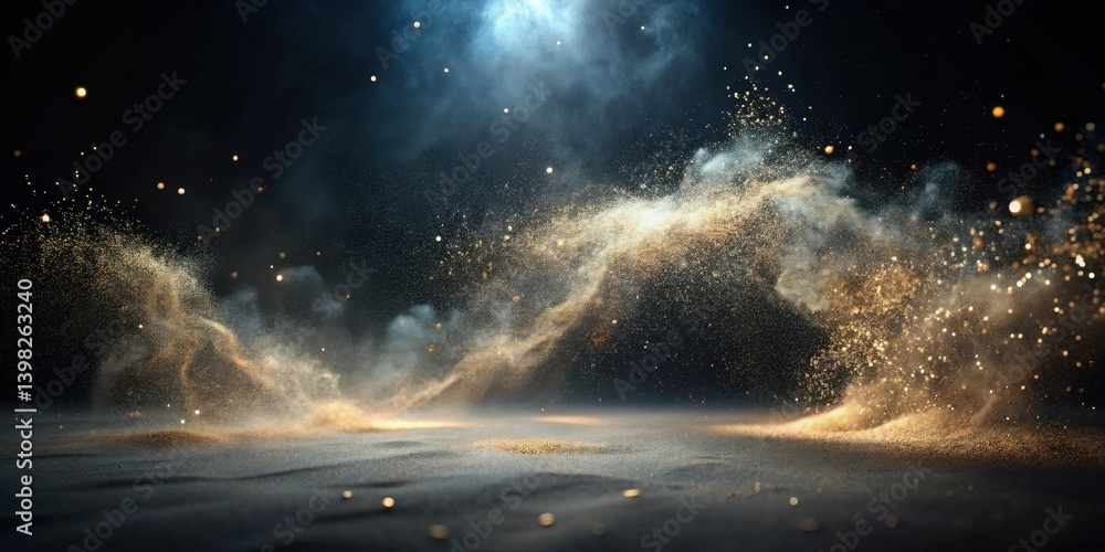 Poster Ethereal Golden Dust Swirls Across Dark Surface, Illuminated by Subtle Light Beams, Creating a Luxurious and Magical Atmosphere