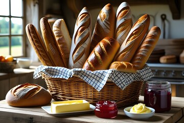 Rustic Basket Filled with Assorted Freshly Baked Bread on a Wooden Table with Butter and Jams