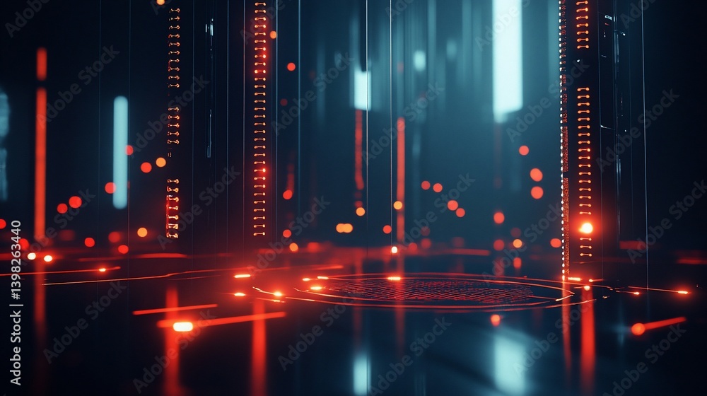 Poster abstract futuristic digital cityscape with glowing lines and particles.