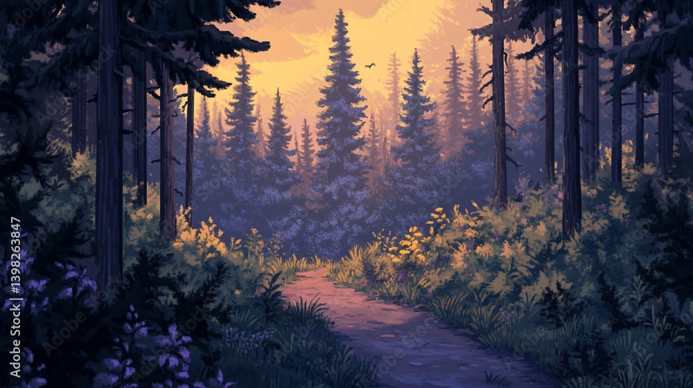 Poster sunlit path through a dense evergreen forest at dusk.