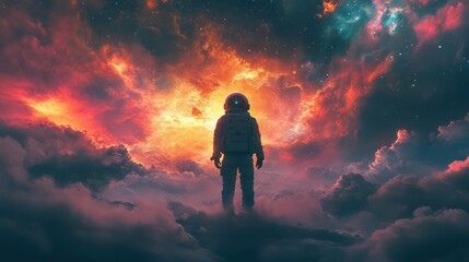 Astronaut standing on clouds in vibrant space