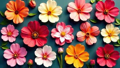 Bold stylized blossoms arranged in a square grid , vector, seamless