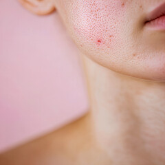 close up of woman, face with inflammation on skin, acne on face