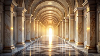 Obraz premium A Majestic Hallway with Golden Accents and Marble Pillars, Bathed in Warm Sunlight Leading to a Bright Entrance