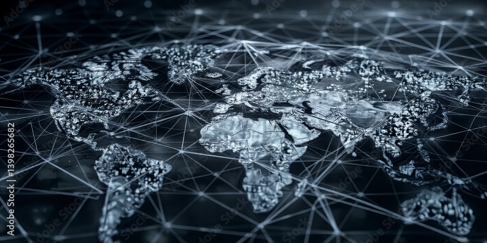 Poster world map overlayed with interconnected network lines in a dark and futuristic design style