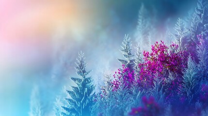 Enchanting Winter Wonderland FrostCovered Pines  Vibrant Pink Blossoms in Misty Forest