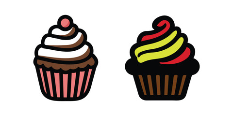 Two Cartoon Cupcake Icons for Dessert, Bakery, or Sweet Treat Designs